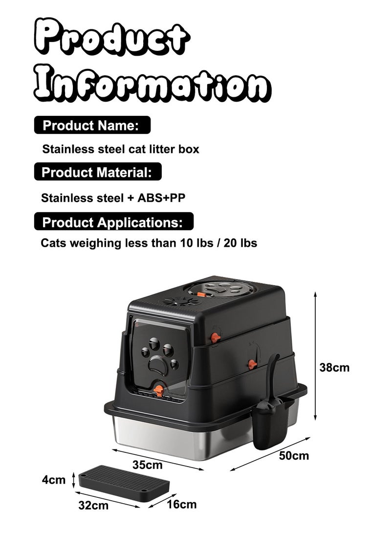 Kidle Large Fully Enclosed Stainless Steel Cat Litter Box with Litter Scoop Cat Toilet Cat Litter Tray High Wall Side Shell Non-Sticky Anti Splashing and Easy Clean 35*50*38cm - Image 4