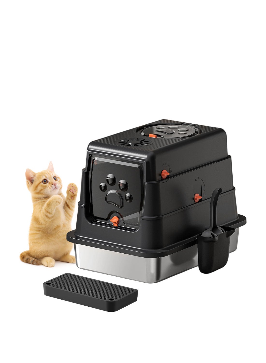 Large Fully Enclosed Stainless Steel Cat Litter Box with Litter Scoop Cat Toilet Cat Litter Tray High Wall Side Shell Non-Sticky Anti Splashing and Easy Clean 35*50*38cm