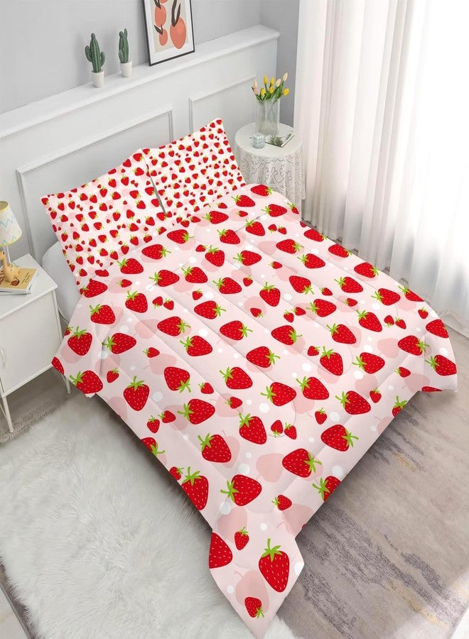 FUYEUN Strawberry Comforter Set Twin Size Pink Fruits Bedding for Kids Girls Women Kwaii Bedroom Decor Cute Quilt Bed Sets, 1 Comforter 1 Pillowcase - Image 3