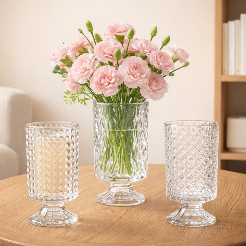 WRINGKIT Set of 3 Embossed Glass Vase, Clear Vases for Flowers Centerpieces, 7'' Wide Mouth Pedestal Vase with Big Base, Cylinder Candle Holder Glass Bouquet Vases for Table, Wedding Home Decor - Image 1