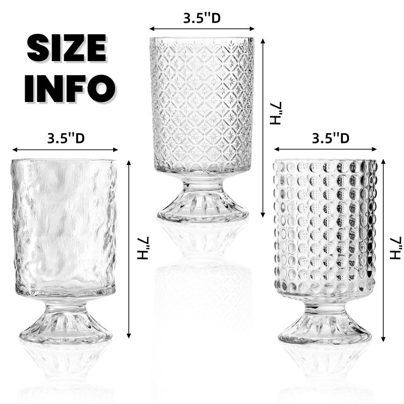 WRINGKIT Set of 3 Embossed Glass Vase, Clear Vases for Flowers Centerpieces, 7'' Wide Mouth Pedestal Vase with Big Base, Cylinder Candle Holder Glass Bouquet Vases for Table, Wedding Home Decor - Image 2