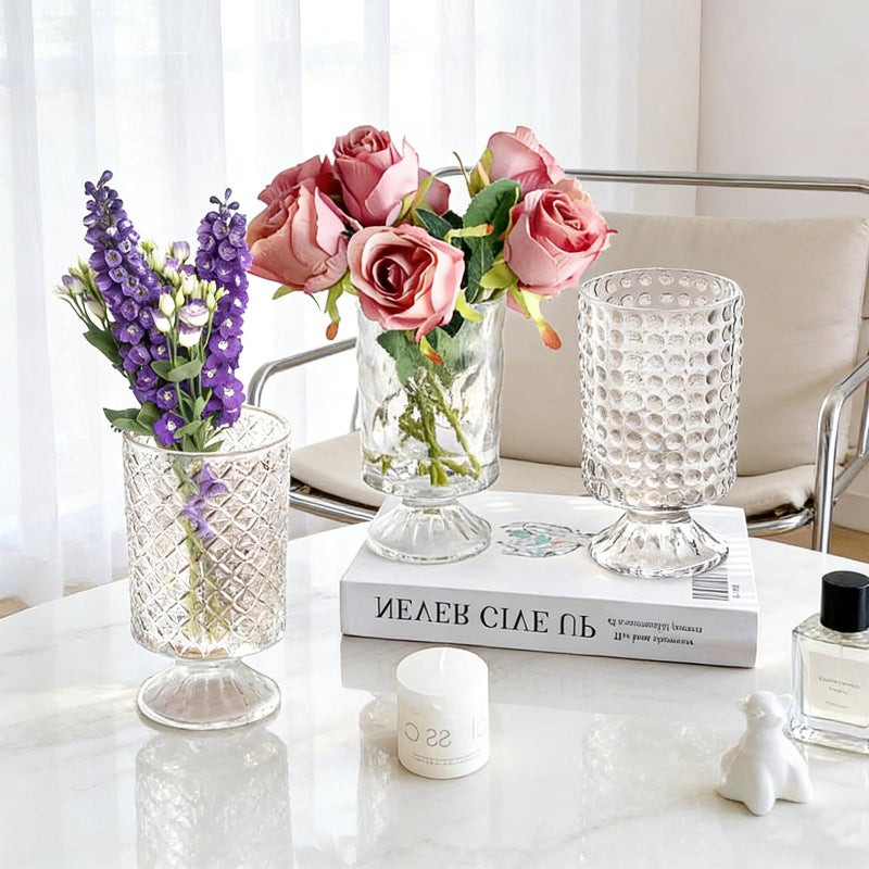WRINGKIT Set of 3 Embossed Glass Vase, Clear Vases for Flowers Centerpieces, 7'' Wide Mouth Pedestal Vase with Big Base, Cylinder Candle Holder Glass Bouquet Vases for Table, Wedding Home Decor - Image 4