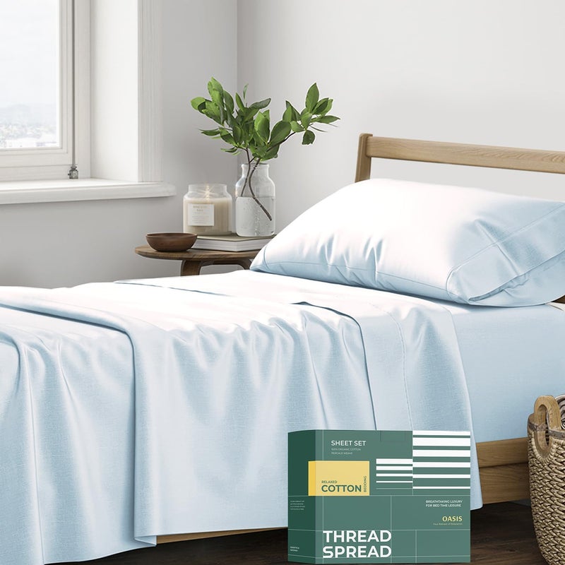 THREAD SPREAD 100% Organic Cotton Sheets Twin Size - 3 PC Organic Cotton Twin Size Percale Weave Sheet Set, Soft, Cooling & Crisp, 16" Deep Pocket Bedding Set for Dorm Room - Light Blue - Image 1