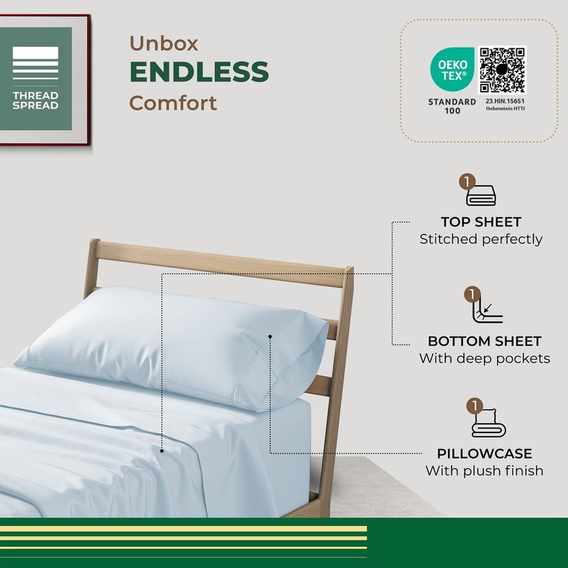 THREAD SPREAD 100% Organic Cotton Sheets Twin Size - 3 PC Organic Cotton Twin Size Percale Weave Sheet Set, Soft, Cooling & Crisp, 16" Deep Pocket Bedding Set for Dorm Room - Light Blue - Image 3