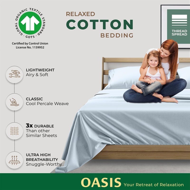 THREAD SPREAD 100% Organic Cotton Sheets Twin Size - 3 PC Organic Cotton Twin Size Percale Weave Sheet Set, Soft, Cooling & Crisp, 16" Deep Pocket Bedding Set for Dorm Room - Light Blue - Image 5