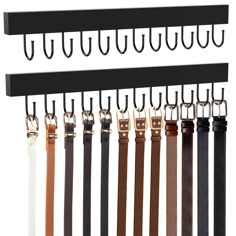 HOMEBROS Belt Hanger Wall Mount Wooden Closet Belt Organizer with 24 Metal Hooks Large Capacity Black 2 Pcs - Image 2