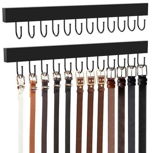 HOMEBROS Belt Hanger Wall Mount Wooden Closet Belt Organizer with 24 Metal Hooks Large Capacity Black 2 Pcs - Image 1