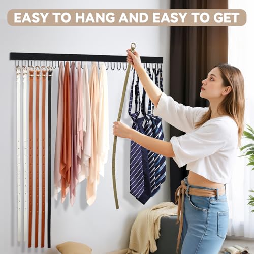 HOMEBROS Belt Hanger Wall Mount Wooden Closet Belt Organizer with 24 Metal Hooks Large Capacity Black 2 Pcs - Image 3