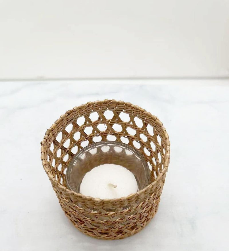 QIAOIDEA Natural Rattan Woven Tea Light Candle Holder, Decorative Rustic Vintage Seagrass Votive Candle Holders for Dining Table Kitchen Decor Serving Tray, Pack 2 - Image 5