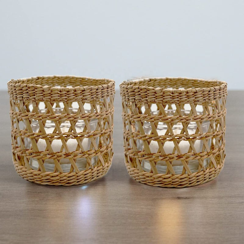 QIAOIDEA Natural Rattan Woven Tea Light Candle Holder, Decorative Rustic Vintage Seagrass Votive Candle Holders for Dining Table Kitchen Decor Serving Tray, Pack 2 - Image 2