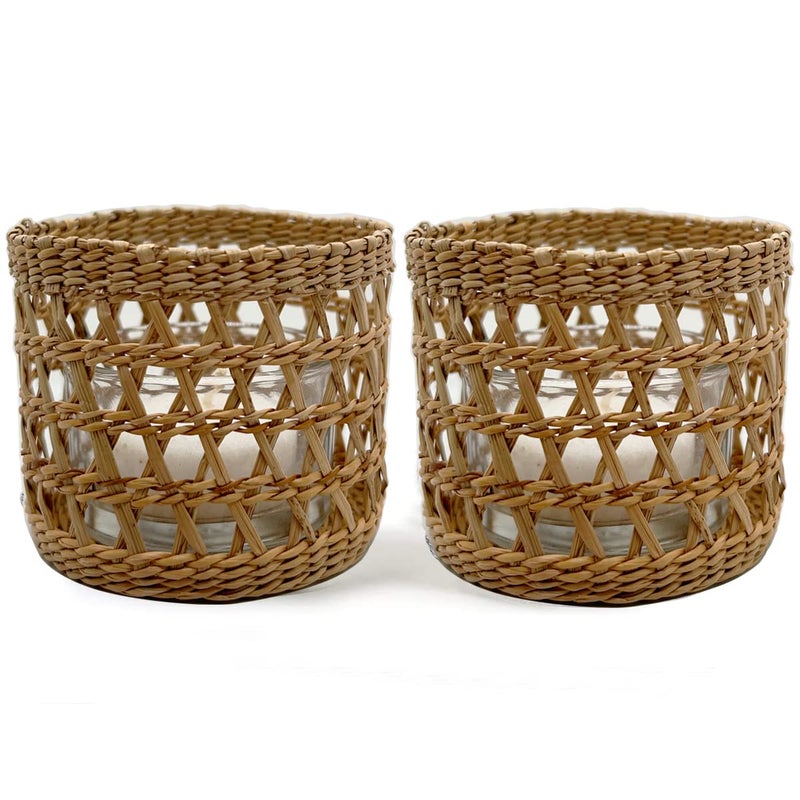 QIAOIDEA Natural Rattan Woven Tea Light Candle Holder, Decorative Rustic Vintage Seagrass Votive Candle Holders for Dining Table Kitchen Decor Serving Tray, Pack 2 - Image 1