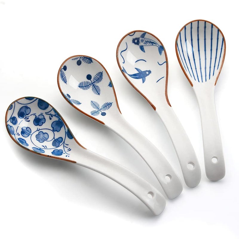 IQCWOOD Porcelain Soup Spoons 62 inch Asian Soup Spoons Ramen spoons Japanese soup spoons for Pho Wonton Noodles Chinese Ceramic Rice Spoons Set of 4