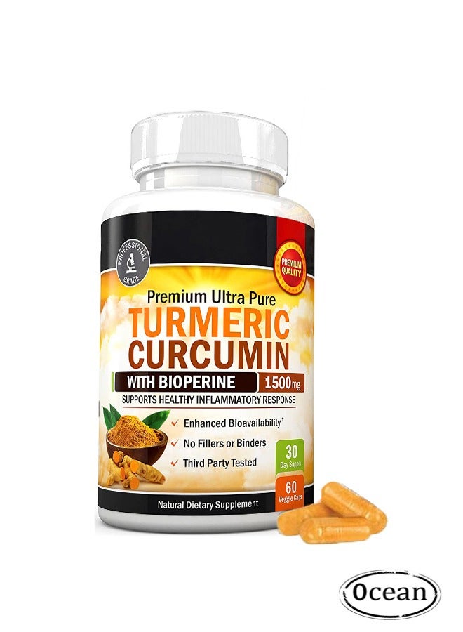 Ocean Premium Ultra Pure Turmeric Curcumin with Bioperine 1500mg, Support Healthy Inflammatory Response, Natural Dietary Supplement, 60 Veggie Caps - Image 1