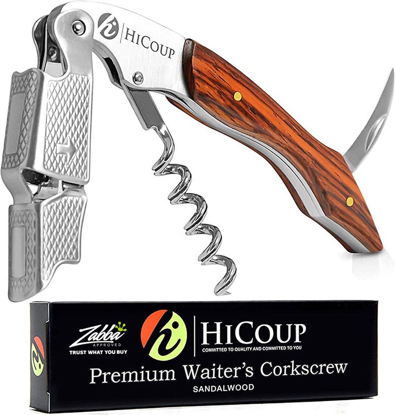 HiCoup Kitchenware فتاحة نبيذ هيكوب - مفتاح احترافي لزجاجات النبيذ مع قاطع ورق ورافعة غطاء - مفتاح نبيذ يدوي للخدم والنادلين وموظفي البار والاستخدام المنزلي - خشب الصندل - Image 1