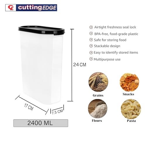 Cutting EDGE 2400ml Anti-Bacterial Modular Plastic Storage Container Set of 6, BPA-Free, Airtight Lid, Leakproof, Stackable Organizer for Pantry, Sugar, Flour & Grains (Black Lids) - Image 4