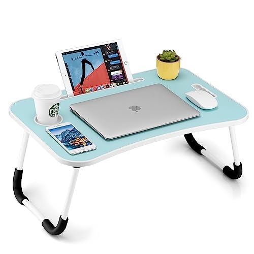 FISYOD Foldable Laptop Table Portable Lap Desk Bed Table Tray Laptop Stand with Cup Holder  Tablet Slot  Lifting Handle for Working Writing Drawing  Eating Blue