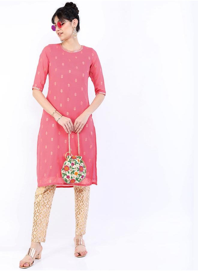 Vishudh Women Pink & Gold-Toned Floral Printed Straight Kurta by Styli  - Image 1