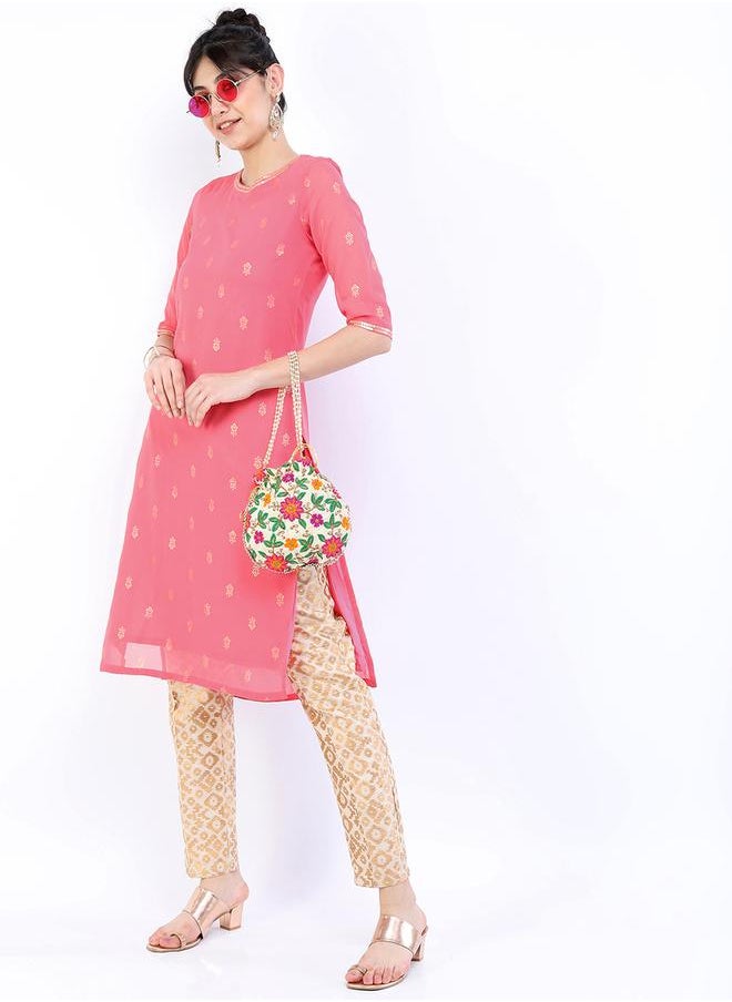 Vishudh Women Pink & Gold-Toned Floral Printed Straight Kurta by Styli  - Image 5