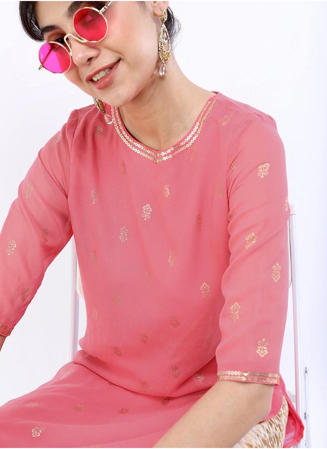 Vishudh Women Pink & Gold-Toned Floral Printed Straight Kurta by Styli  - Image 4