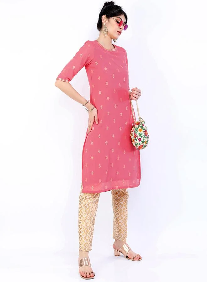 Vishudh Vishudh Women Pink & Gold-Toned Floral Printed Straight Kurta