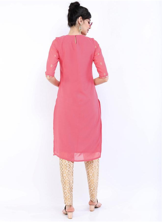 Vishudh Women Pink & Gold-Toned Floral Printed Straight Kurta by Styli  - Image 3