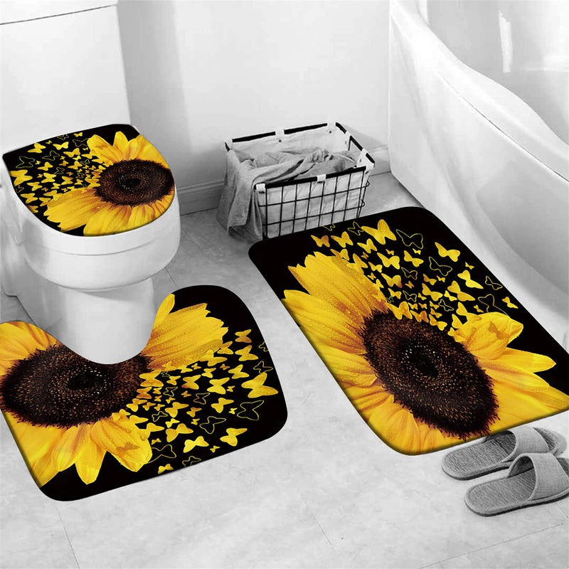 AZHM Shower Curtain Sets with Rugs 4 Piece Butterfly Sunflower Bathroom Sets Decor Accessories Include Non-Slip Rug Toilet Lid Cover Bath Mat and 12 Hooks - Image 4