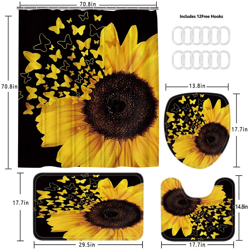 AZHM Shower Curtain Sets with Rugs 4 Piece Butterfly Sunflower Bathroom Sets Decor Accessories Include Non-Slip Rug Toilet Lid Cover Bath Mat and 12 Hooks - Image 5