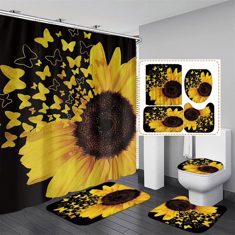 AZHM Shower Curtain Sets with Rugs 4 Piece Butterfly Sunflower Bathroom Sets Decor Accessories Include Non-Slip Rug Toilet Lid Cover Bath Mat and 12 Hooks - Image 1