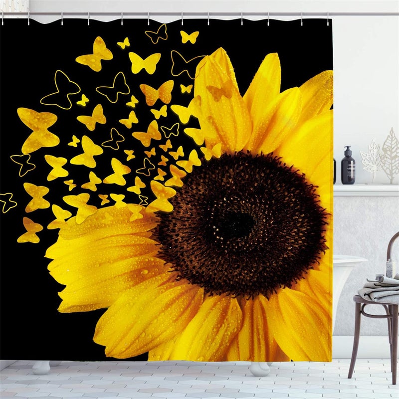 AZHM Shower Curtain Sets with Rugs 4 Piece Butterfly Sunflower Bathroom Sets Decor Accessories Include Non-Slip Rug Toilet Lid Cover Bath Mat and 12 Hooks - Image 2