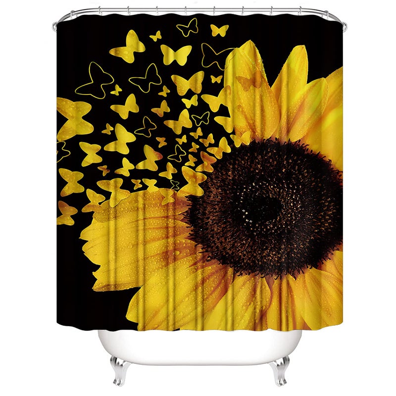 AZHM Shower Curtain Sets with Rugs 4 Piece Butterfly Sunflower Bathroom Sets Decor Accessories Include Non-Slip Rug Toilet Lid Cover Bath Mat and 12 Hooks - Image 3