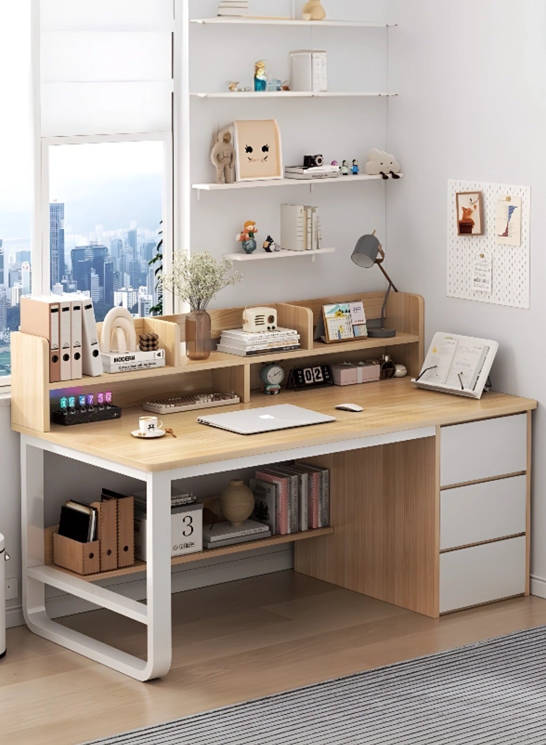 Home Office Desk With 3 Large Drawers And Open Shelves Computer Table Study Working Table Gaming Desk With Storage Heavy Duty Desk (140 * 50 * 103cm-Wood Color)