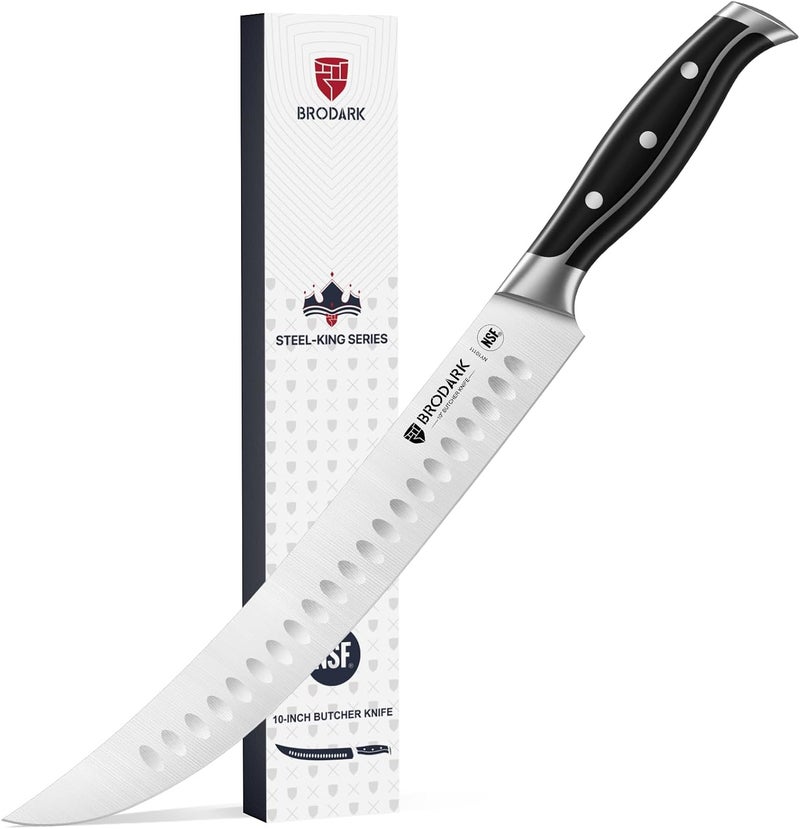 BRODARK Butcher Knife - 10" Curved Breaking Knife with Full Tang Handle - High Carbon Stainless Steel Scimitar Knives - NSF Certified, Steel-King Series - Image 1