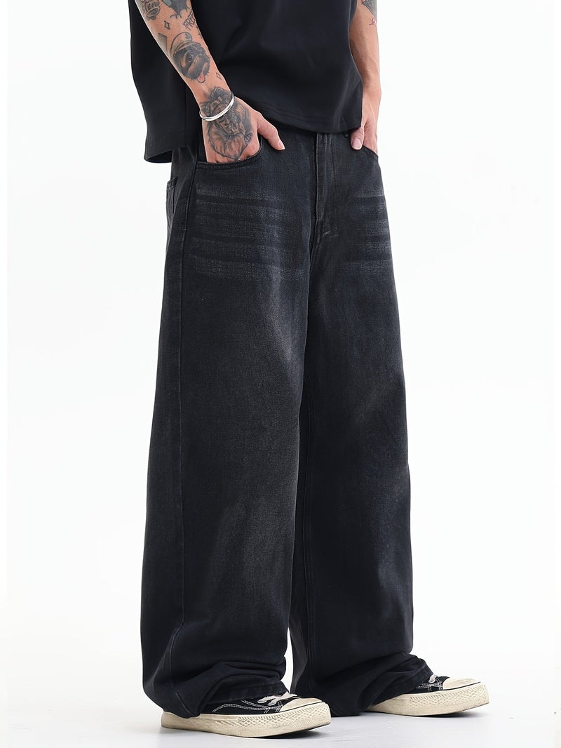 American Vintage Black-Gray Loose-Fit Jeans, Casual Fashionable Versatile Wide-Leg Pants for Men - Image 3