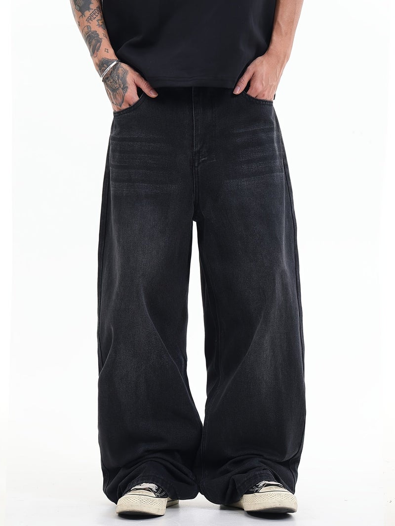 American Vintage Black-Gray Loose-Fit Jeans, Casual Fashionable Versatile Wide-Leg Pants for Men - Image 4
