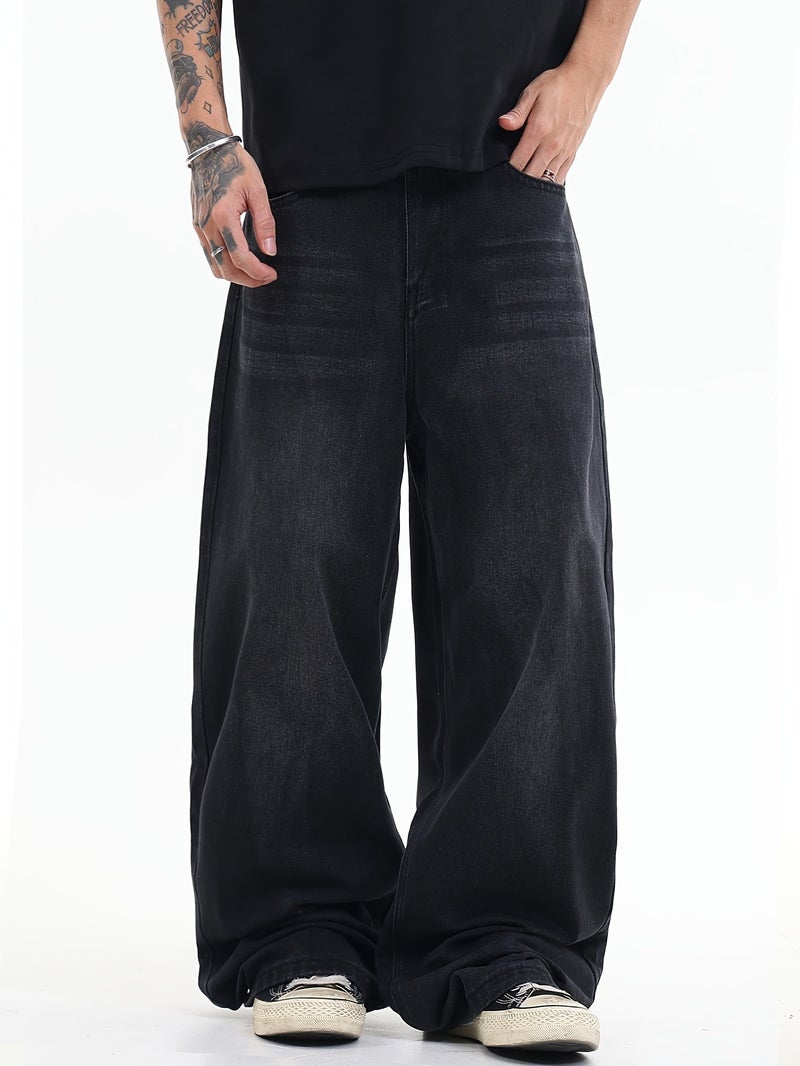 American Vintage Black-Gray Loose-Fit Jeans, Casual Fashionable Versatile Wide-Leg Pants for Men - Image 5