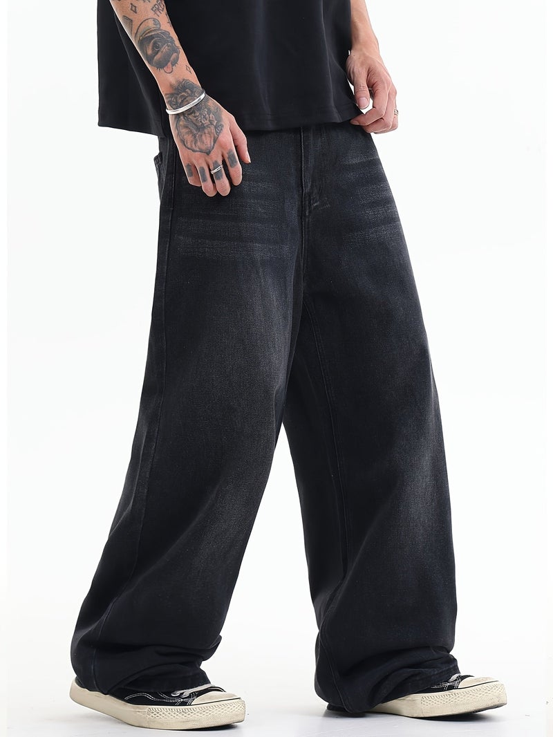 American Vintage Black-Gray Loose-Fit Jeans, Casual Fashionable Versatile Wide-Leg Pants for Men - Image 2