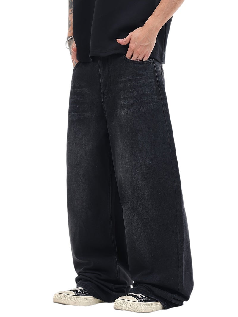 American Vintage Black-Gray Loose-Fit Jeans, Casual Fashionable Versatile Wide-Leg Pants for Men - Image 1