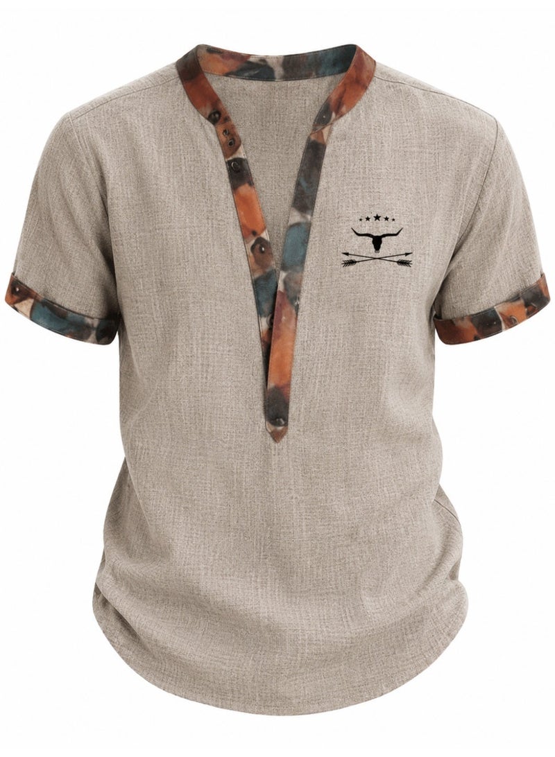 Men's Multicolor Contrasting Print Short Sleeve Shirt, Casual Stand Collar Fashion Top for Streetwear, Vacation and Daily Wear - Image 1