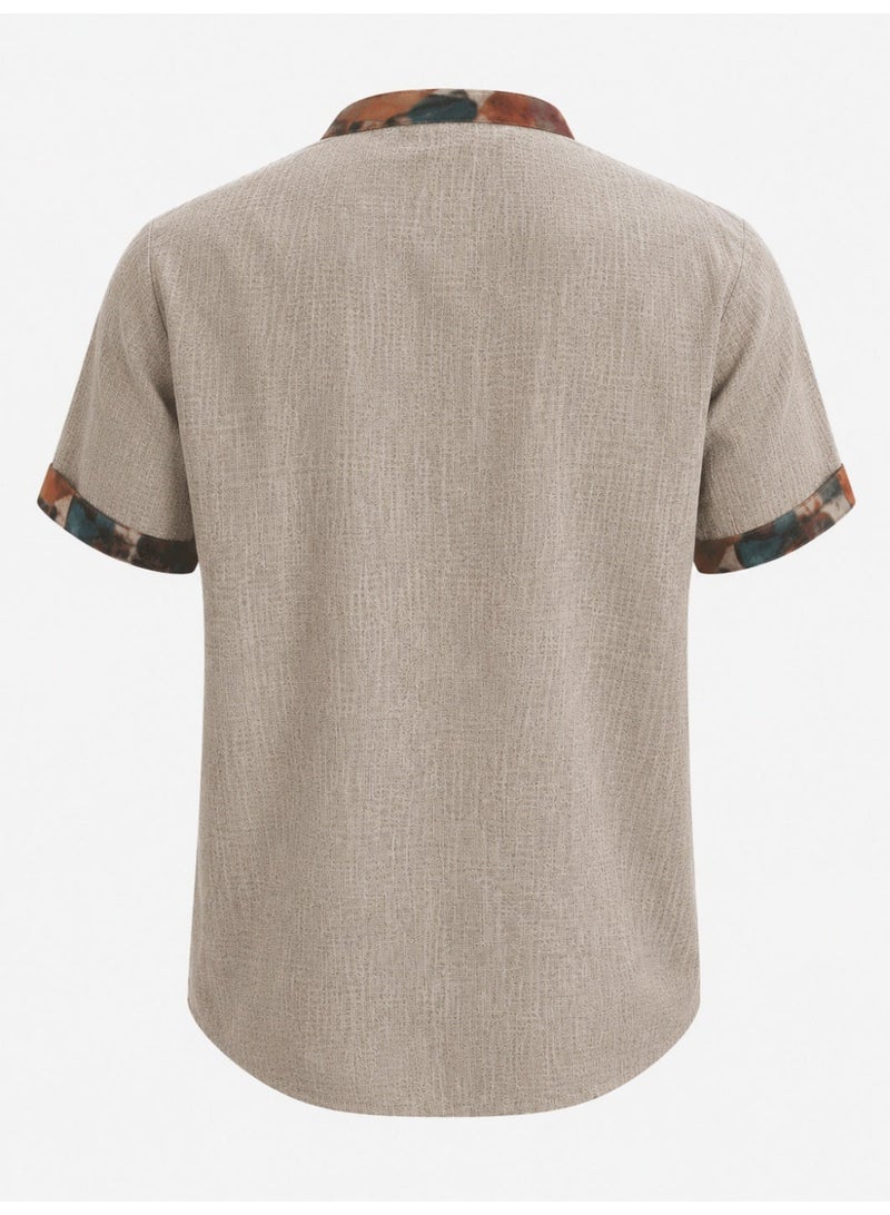 Men's Multicolor Contrasting Print Short Sleeve Shirt, Casual Stand Collar Fashion Top for Streetwear, Vacation and Daily Wear - Image 2