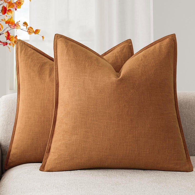 Foindtower Set of 2, Decorative Linen Soild Throw Pillow Covers Soft Accent Cushion Euro Case Boho Farmhouse Pillowcase for Chair Couch Sofa Bedroom Living Room Home Decor 24 x 24 Inch Autumn Orange - Image 1