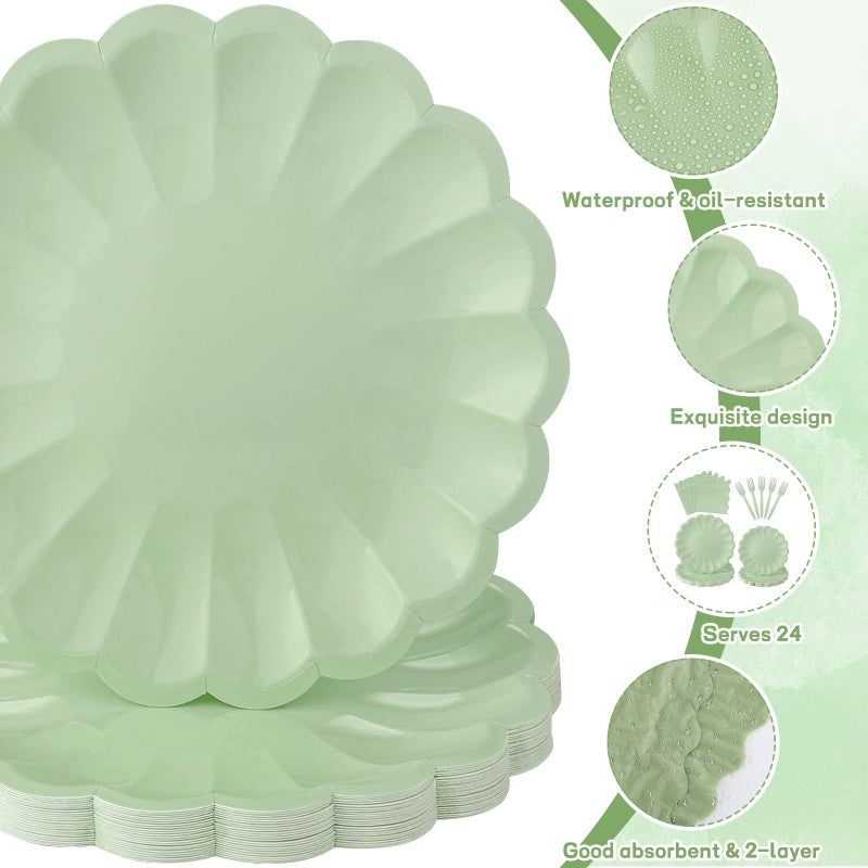 NatNarr 96 Pcs Sage Green Paper Plates and Napkins Sage Green Party Supplies Serve 24 Guests Include Scalloped Paper Plates Napkins Plastic Forks for Baby Bridal Shower Wedding Birthday - Image 3