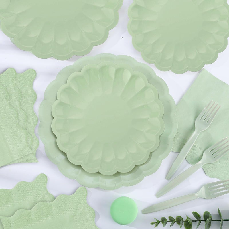 NatNarr 96 Pcs Sage Green Paper Plates and Napkins Sage Green Party Supplies Serve 24 Guests Include Scalloped Paper Plates Napkins Plastic Forks for Baby Bridal Shower Wedding Birthday - Image 5