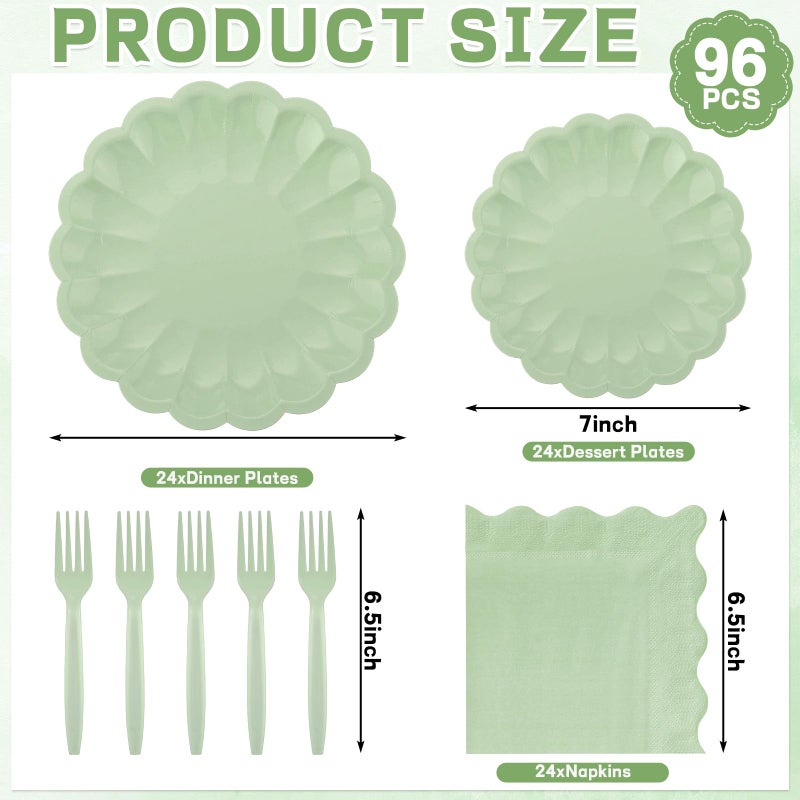 NatNarr 96 Pcs Sage Green Paper Plates and Napkins Sage Green Party Supplies Serve 24 Guests Include Scalloped Paper Plates Napkins Plastic Forks for Baby Bridal Shower Wedding Birthday - Image 2