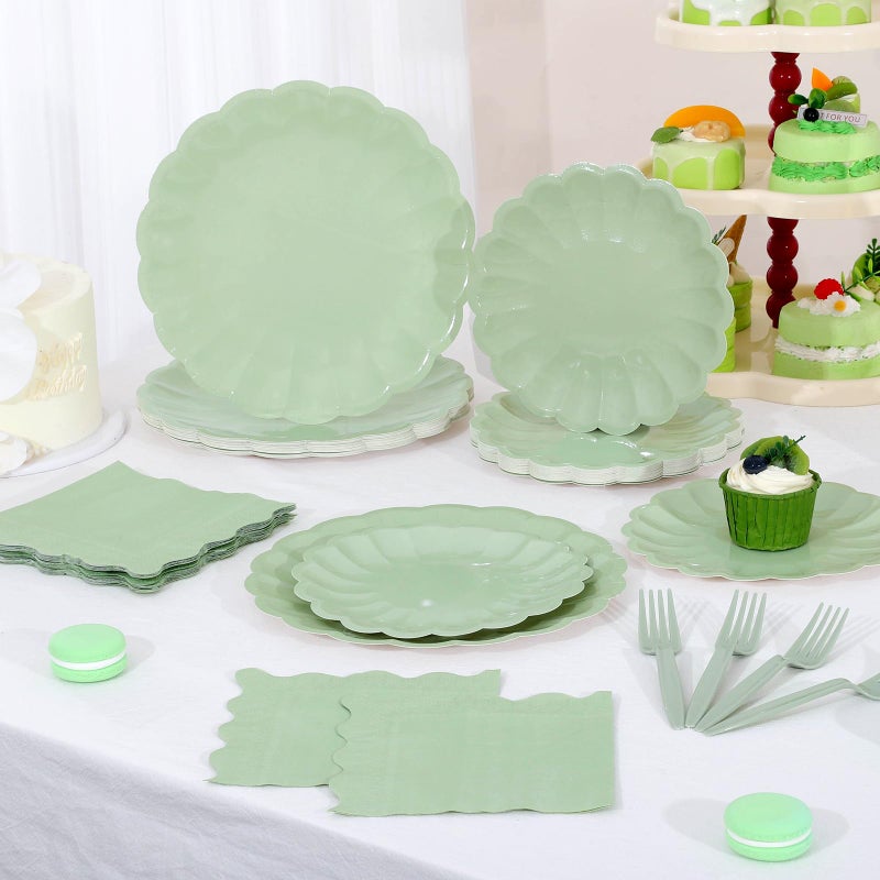 NatNarr 96 Pcs Sage Green Paper Plates and Napkins Sage Green Party Supplies Serve 24 Guests Include Scalloped Paper Plates Napkins Plastic Forks for Baby Bridal Shower Wedding Birthday - Image 4