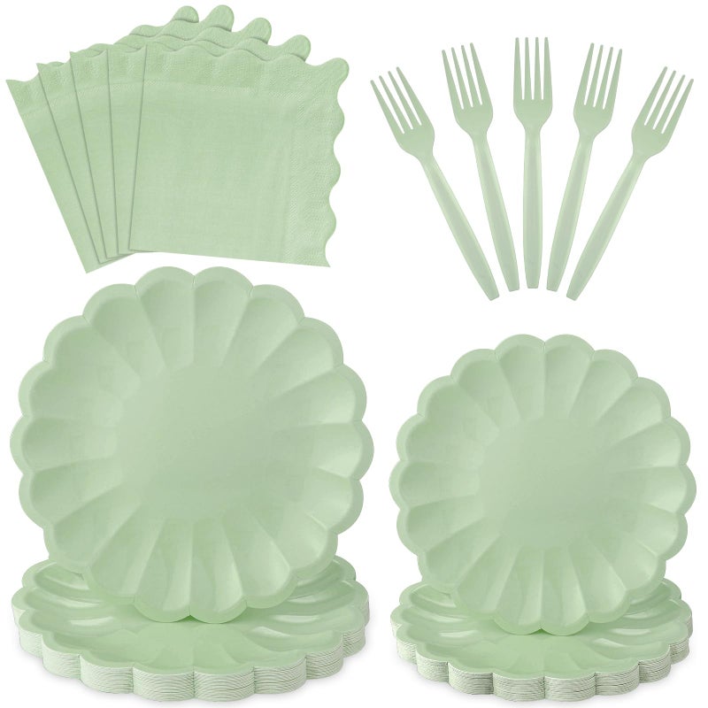 NatNarr 96 Pcs Sage Green Paper Plates and Napkins Sage Green Party Supplies Serve 24 Guests Include Scalloped Paper Plates Napkins Plastic Forks for Baby Bridal Shower Wedding Birthday - Image 1