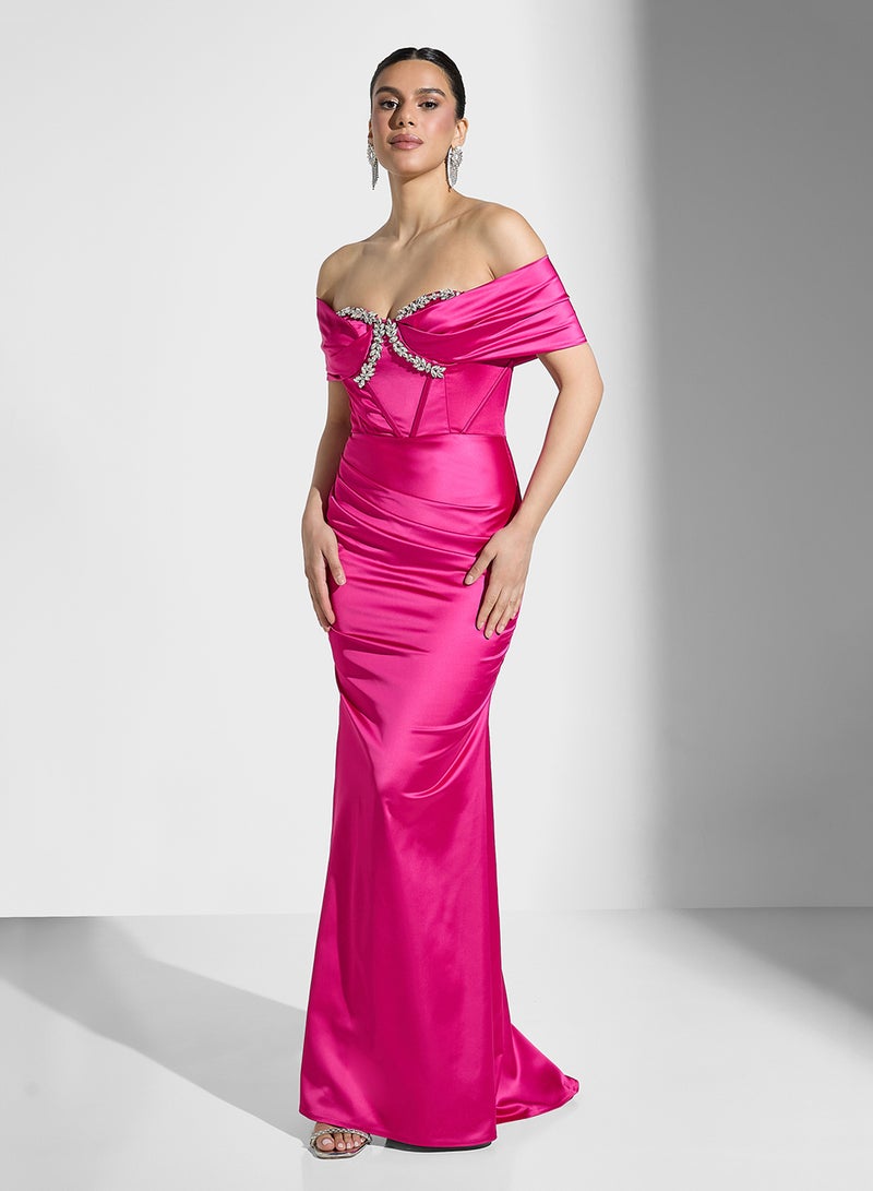 Akadia Fashion Off-Shoulder Satin Dress - Image 1