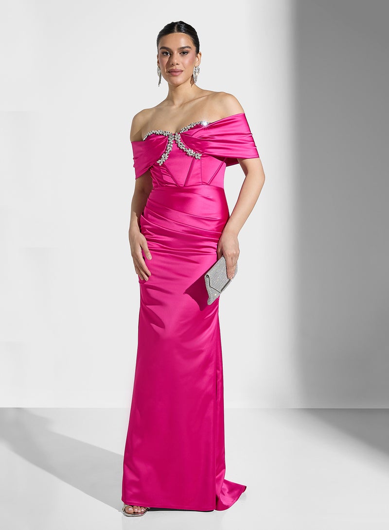 Akadia Fashion Off-Shoulder Satin Dress - Image 4