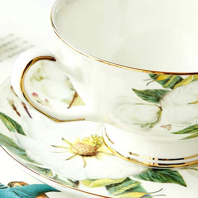 SudaTek Gift Set Vintage Fine Bone China Tea Cup Spoon And Saucer Set Gold Trim Fine Dining And Table D?Cor (White Camellia) - Image 4