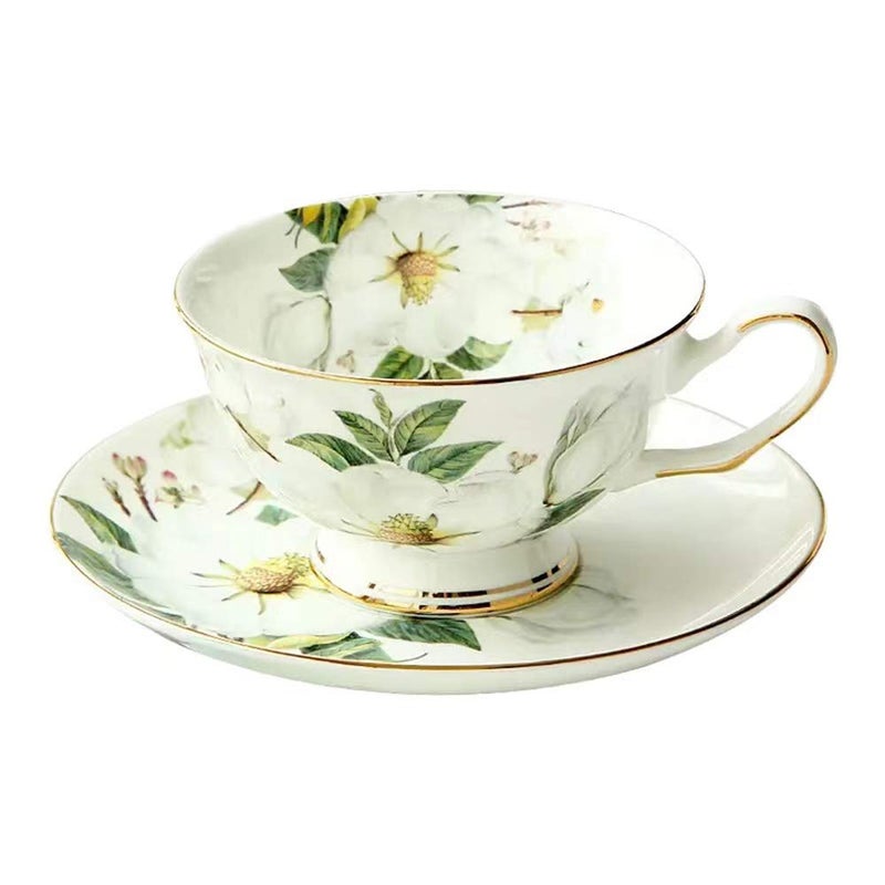 SudaTek Gift Set Vintage Fine Bone China Tea Cup Spoon And Saucer Set Gold Trim Fine Dining And Table D?Cor (White Camellia) - Image 2