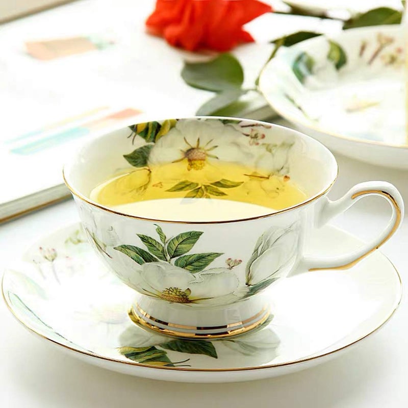 SudaTek Gift Set Vintage Fine Bone China Tea Cup Spoon And Saucer Set Gold Trim Fine Dining And Table D?Cor (White Camellia) - Image 3
